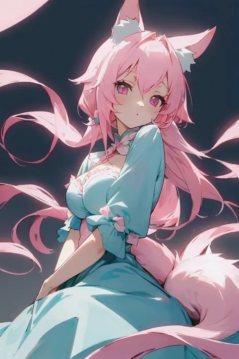 Light pink hair、Side Tail Hair、Light blue dress、Pale pink eyes、Large breasts、anime、cute、Animal ears