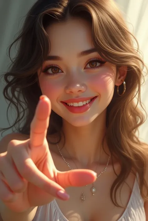 Beautiful woman smiles forward and points finger to the side