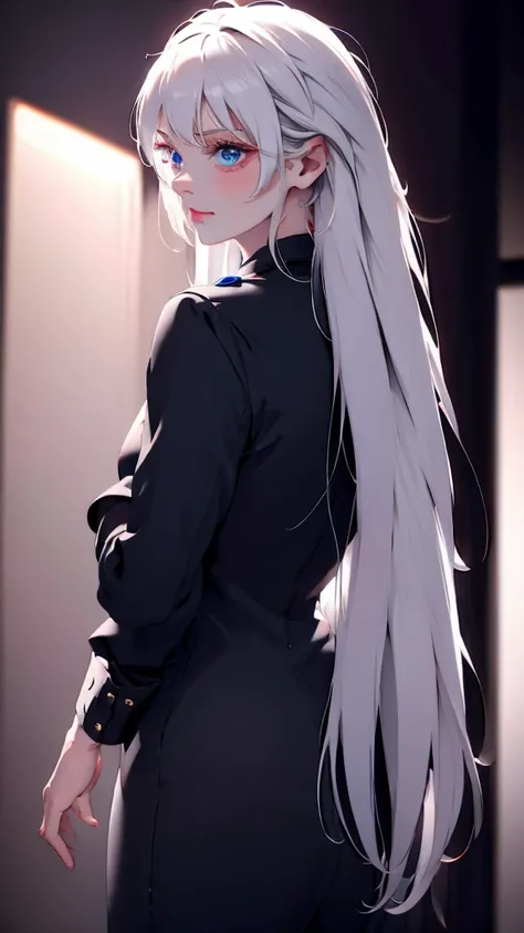 1 Girl, medium light white hair, light blue eyes, wearing Black Suit 4D , night club TOWN , high res, ultrasharp, 8K, masterpiece, looking from behind