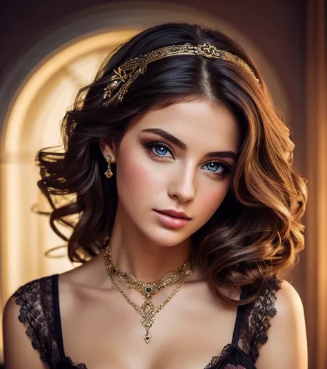 ((((((European girl, 16 years)))))), (((in a very long, fluffy dress with many skirts on wide straps in a small pattern in the style "steampunk", lace gloves above the elbow))), (((((deep neckline))))), beautiful female figure, ((((full body shot from head...