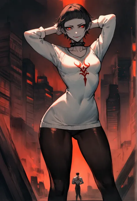 standing,alone,short hair,work of art,face detailed,young fitness linda,Wearing black pantyhose,tight white sweater with collar ,neckleace,evil smile,red eyes glowing,labiaa,eye shadow,bangs on the eyes,Hands behind the head ,background city
