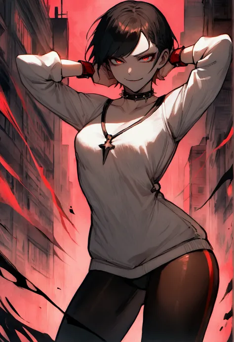 standing,alone,short hair,work of art,face detailed,young fitness linda,Wearing black pantyhose,tight white sweater with collar ,neckleace,evil smile,red eyes glowing,labiaa,eye shadow,bangs on the eyes,Hands behind the head ,background city
