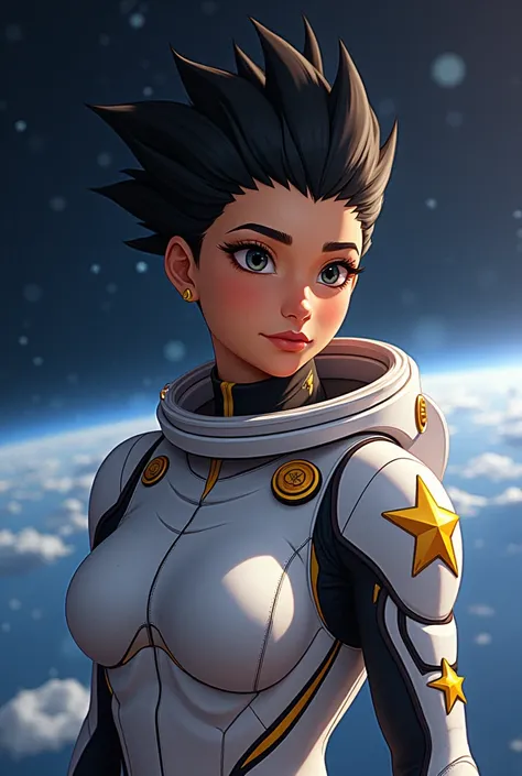 make a anime styled space pilot that has brown light brown skin that is a pacific islander, with black spikey hair and golden start decals on the space suit