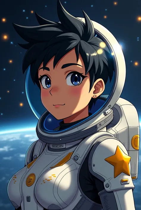 make a anime styled space pilot that has brown light brown skin that is a pacific islander, with black spikey hair and golden start decals on the space suit