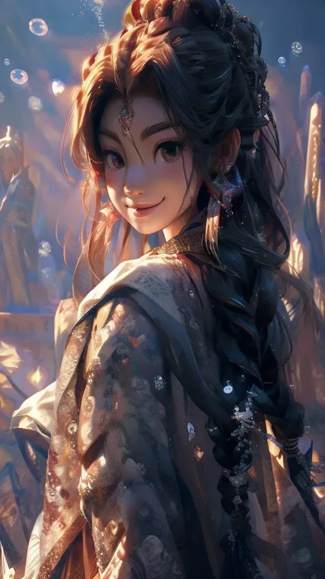 幻想的Wind景、masterpiece, Highest quality, High detail, Sparkle Effect、Wind、Very detailed, Widescreen, Underwater split view, One person, Long Hair, Braid, Heart-shaped earrings, smile, Diversity, 