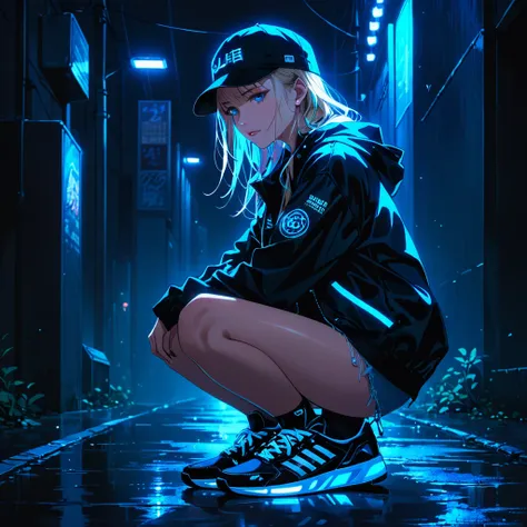 An anime-style illustration of a woman crouching in the dark, looking straight ahead with her face hidden by a cap. She is wearing a street-style jacket and sneakers, both with fluorescent blue accents that stand out in the dark environment.blueeyes high r...