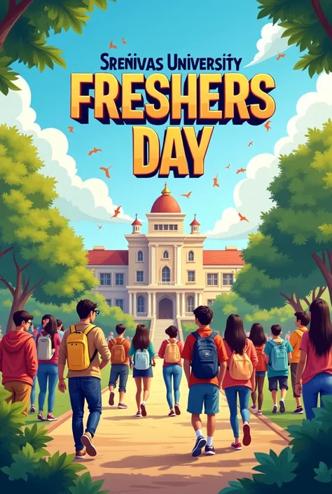 Create a poster for freshers day.  Where collage students are enjoying and make it attractive. Things to mention in the poster ( “venue. Srinivas collage , time : 10am to 5 pm ,  the main heading “srinivas university freshers day)
A bit Standard