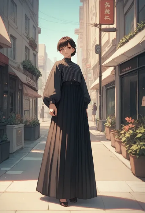 Girl, wearing black long skirt , skirt is very long ,long dress ,volume skirt,street,standing ,anime,full body