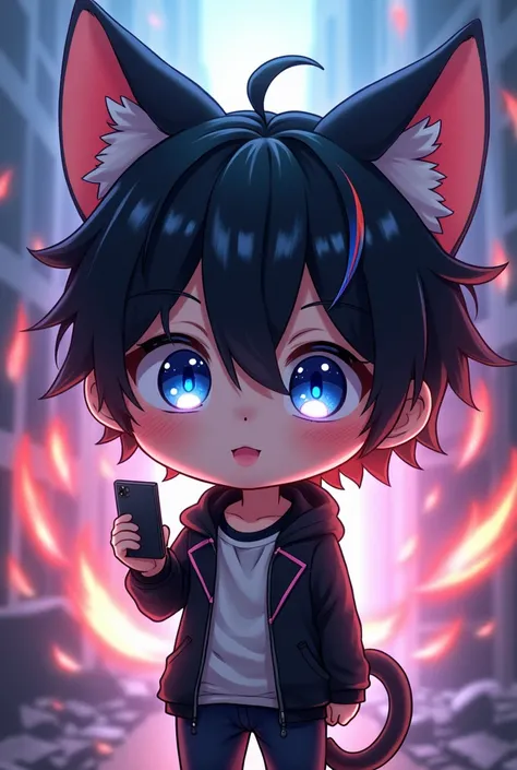 Anime figure of a boy with cat ears, Anime moe art style, demon slayer rui fanart, chibi!!! Kitten, Chibi Anime Boy, black-haired boy with colored streaks,cell phone in hand, Anime-Chibi, anime Kitten, Mihoyo art style, advanced digital chibi art, chibi ar...