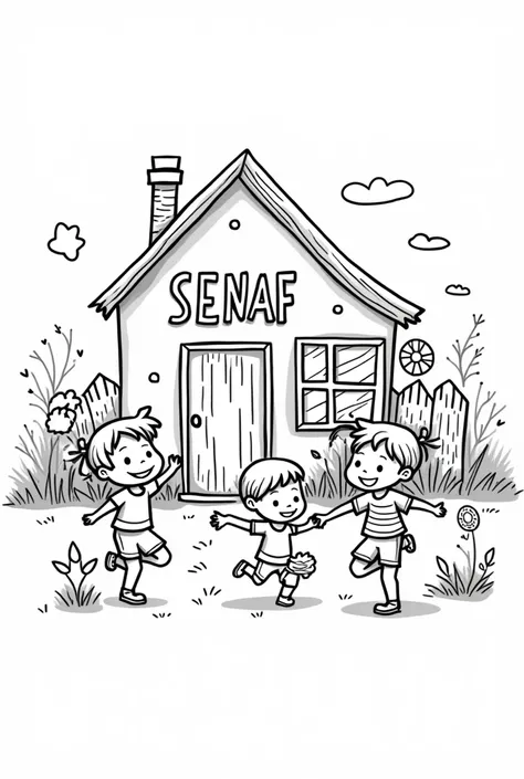 Black and white coloring pages of happy boys and girls playing while taking care of a house on which SENAF is written


