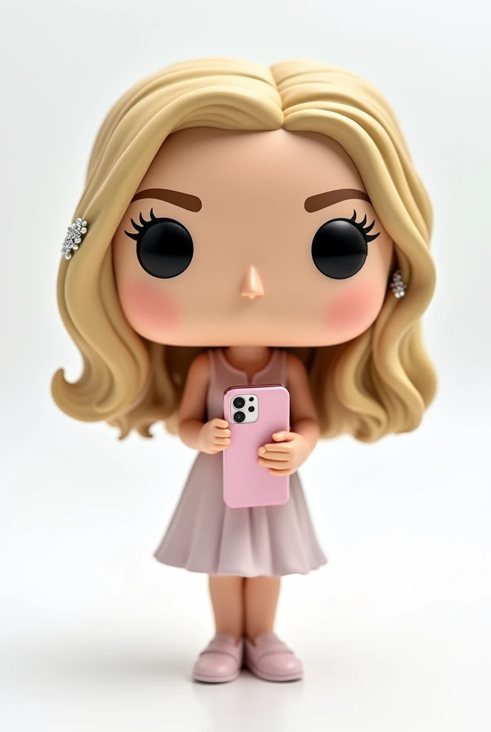 funko pop in white pop box,   blonde with a light pink glitter set and the name Olivia Annenberg on the box and no makeup white background with medium length golden blonde hair with a pink iPhone 12 in her hand 