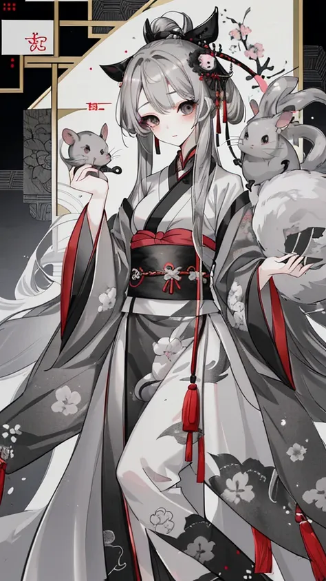 chinchilla，gray long hair，Black eyes，Gray Hanfu with rat pattern decoration