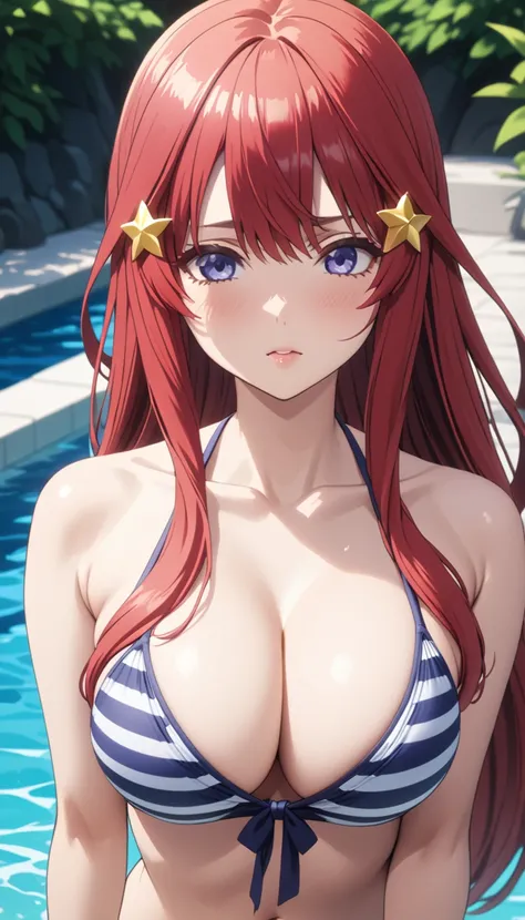 (Highest quality、Masterpiece、Very detailed、4K)、One Woman、、Red Hair、Long Hair、(((Nakano May)))、(Star-shaped hair fastening)、Are standing、cleavage、Swimwear