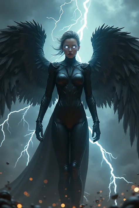 arafed woman in a black suit with wings and lightning, an airbrush painting by stanley artgerm, cgsociety contest winner, fantasy art, artgerm julie bell beeple, chris moore. artgerm, extremely detailed artgerm, beautiful cyborg angel girl, angel knight gi...