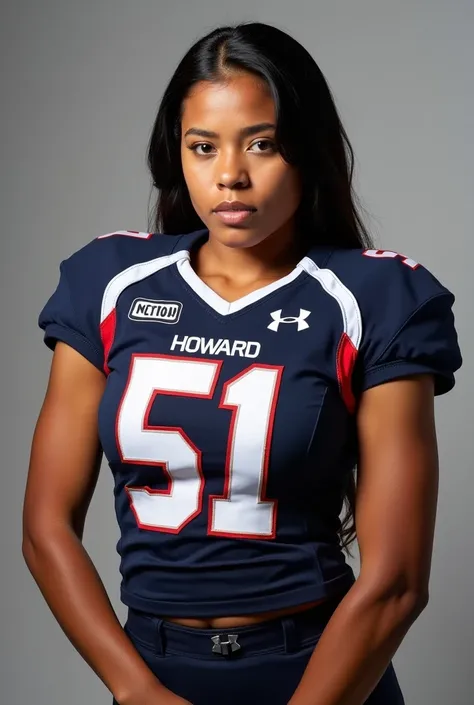 A photo of Tina Nguyen, a Tight End for the female Howard Bison football team. Number 51. Curvy as hell. Uniforms are navy with white numbers and red and white trim