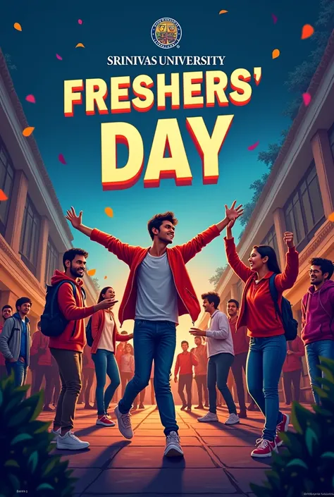 Create a poster for freshers day.  Where collage students are enjoying having fun in party and make it attractive. Things to mention in the poster ( “venue. Srinivas collage , time : 10am to 5 pm ,  the main heading “srinivas university freshers day)
A bit...