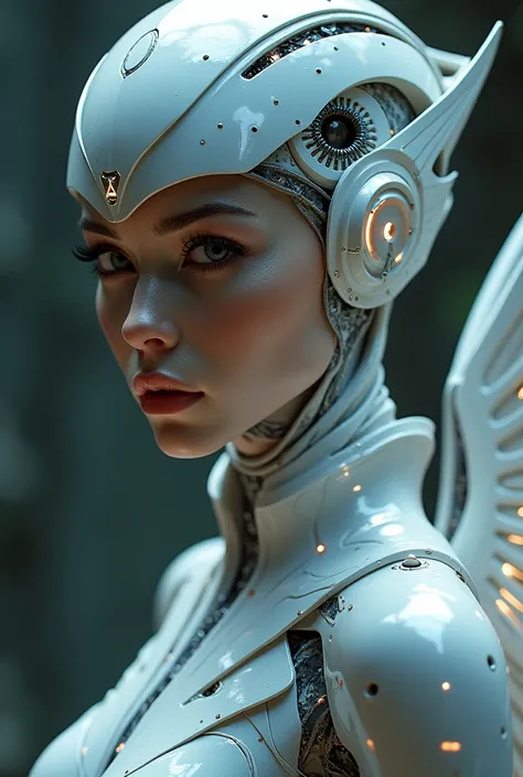 a close up of a woman in a silver suit with wings, a portrait inspired by Marek Okon, cgsociety contest winner, fantasy art, x-men storm, angel in plastic armor, battle angel, beautiful cyborg angel girl, artgerm julie bell beeple, dove cameron in a knight...