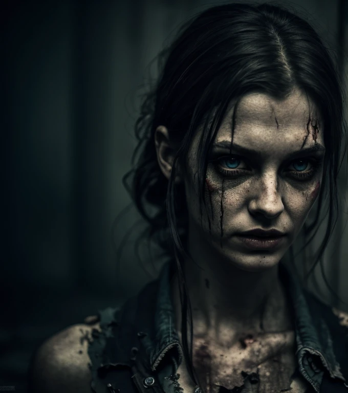 a zombie girl, detailed face, beautiful detailed eyes, beautiful detailed lips, extremely detailed skin and face, long eyelashes, ripped clothes, tattered clothing, grungy, dirty, decaying skin, glowing eyes, pale skin, horror, dark fantasy, cinematic ligh...