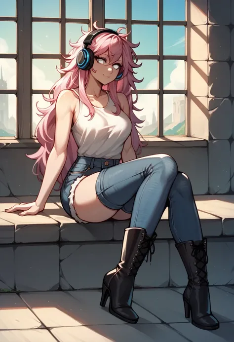 score_9, score_8_up, score_7_up, score_6_up, score_5_up, score_4_up, source_anime, 1woman, sexy face, sit, pink hair, long hair, white eyes, croosed legs, messy hair, white shirt, jeans shorts, black thigh high boots, over high boots, platforms, heels, day...