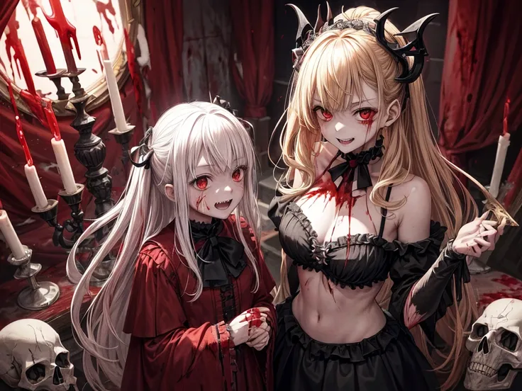 .(Highest quality,4K,High resolution,masterpiece:1.2),Very detailed,Realistic:1.37,Spooky altar background,Dark fantasy,Red color scheme,Ominous atmosphere,Eye-catching,Storytelling,anatomy,Anime Style,Concept Art,beautiful細部までこだわった顔と (((Red eyes ))),A ter...