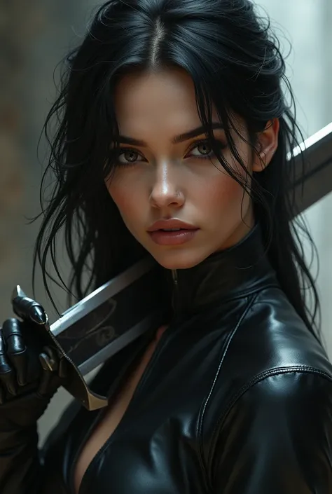 a close up of a woman in a black leather outfit holding a sword, artgerm julie bell beeple, seductive cyberpunk dark fantasy, epic exquisite character art, epic fantasy digital art style, extremely detailed artgerm, epic fantasy art style, alexandra fomina...