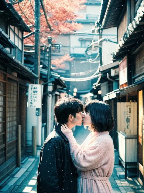 A Couple full shot, best quality photo, 1girl and 1man, japanese, I am 35y a man in winter suit with short black hair, I meet my sweet and chubby girlfriend in kyoto traditional village, I carrying her while giving a romantic real kiss, she has messy mid l...