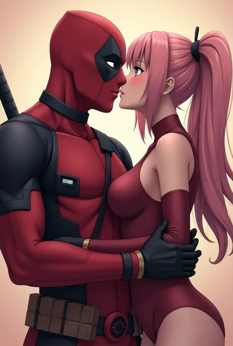 (photorealism:1.2), female, deadpool, sexy, kissing, sakura from naruto, anime, visible tits, porn