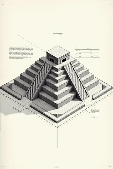 Isometric drawing of the Pyramid of the Sun at scale 1:500 based on the real one, with measurements in meters