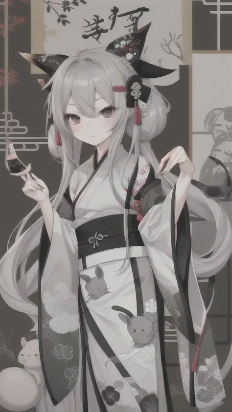 chinchilla，gray long hair，Black eyes，Gray Hanfu with rat pattern decoration