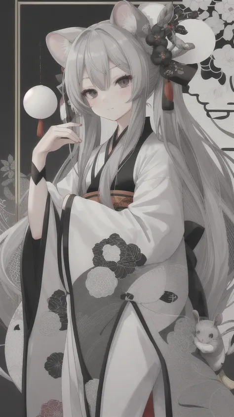 chinchilla，gray long hair，Black eyes，Gray Hanfu with rat pattern decoration