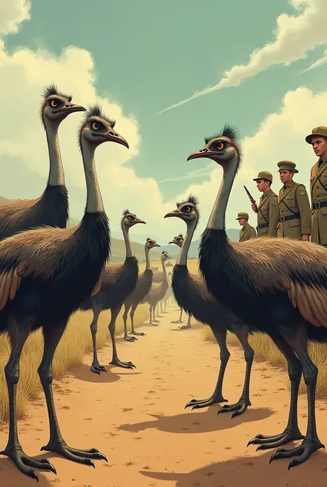 A comical illustration of emus outsmarting soldiers in a rural Australian landscape during the great depression ultra realistic frustrated people sitting in the background 

