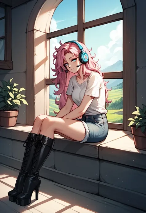 score_9, score_8_up, score_7_up, score_6_up, score_5_up, score_4_up, source_anime, 1woman, sexy face, sit, pink hair, long hair, white eyes, croosed legs, messy hair, white shirt, jeans shorts, black thigh high boots, platforms, heels, day, windows, beauti...