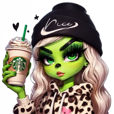 A cartoon illustration of a green faced girl holding a Starbucks cup, mysterious coffee shop girl, 🍸🍋, Alien girl, ❤🔥🍄🌪, Lovely artwork, Cartoon art style, Cartoon art style, Total commission, ✏️🎨, Digital illustration style, Urban girl fan art, Lovely art...