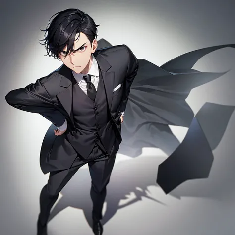 A Fullbody Picture Of A Really Tall Short Black Haired Boy With Black Eyes Wearing Businessman Clothing a Black Suit And A Tie,angry creepy deathstare