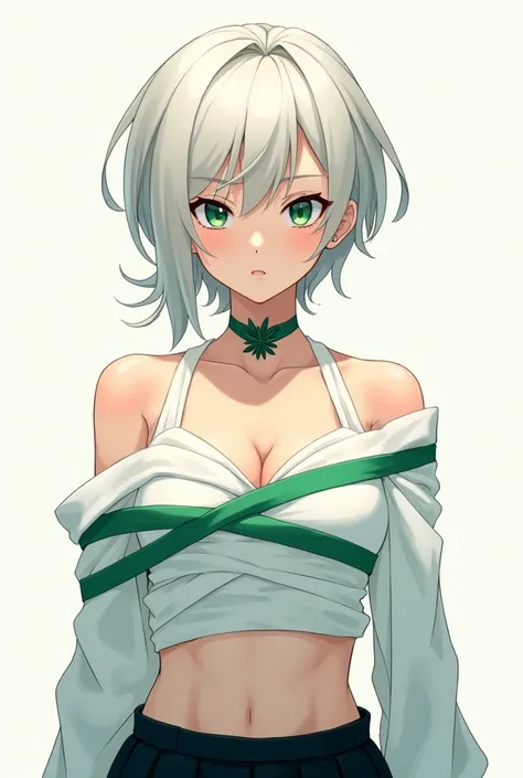 Anime Style、With white blonde hair、The outfit is white with emerald green stripes.、The chest is empty、White sash on chest（bandage）Wrapped in、Black Skirt、With a short ponytail、Short Hair、Leaf motif choker