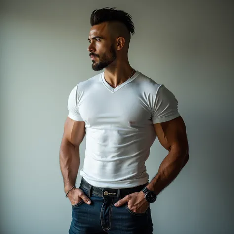 generate a master photograph describing a shapely Man, well-lit portrait of a muscular, stylish male fitness model standing confidently against a minimalistic, modern background, (8K, best quality), smile, brown hair, black hair, (hard chest, six pack, v c...