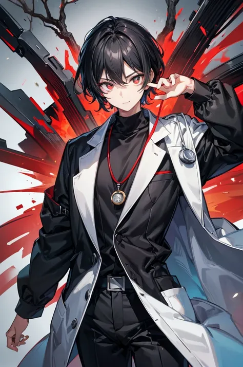 Highest quality, 16K, masterpiece :1.3　Ultra-high resolution　No abnormalities in detail　Detailed face　　Male　neutral　cool　Small stature　Black hair that reaches down to the eyes　Black and red odd eyes　Detailed Eyes　Wearing a doctors lab coat　Black shirt　A re...