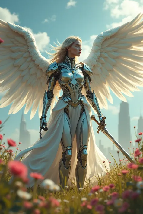 REAL - style image of a woman with a sword in a field, cyberpunk art inspired by Leng Mei, cgsociety contest winner, fantasy art, beautiful cyborg angel girl, angel knight girl, as a mystical valkyrie, battle angel, angel in plastic armor, mechanized valky...