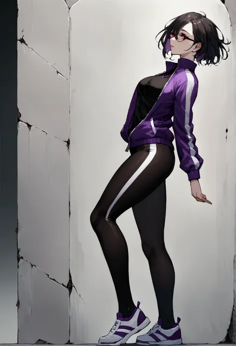 standing,alone,leaning against a broken wall,short hair,work of art,face detailed,beautiful young fitness woman with , in a gym wearing May with black pantyhose, white and purple tight short gym jacket. standing alone,red eyes glowing,Evil smile,legging pr...