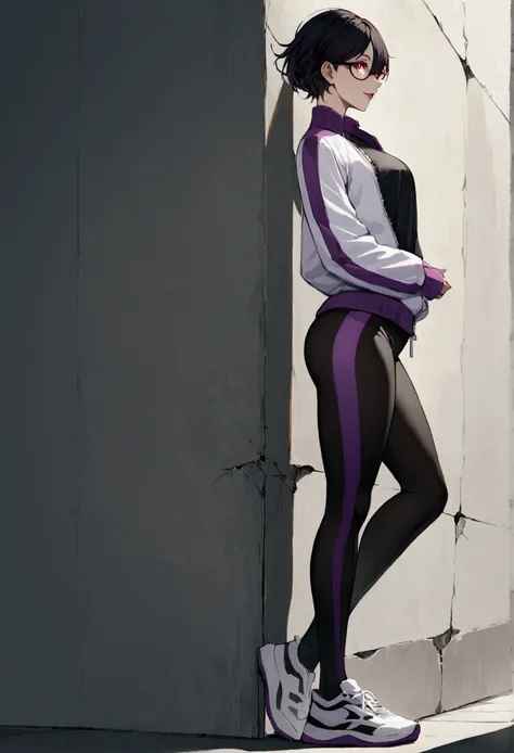 standing,alone,leaning against a broken wall,short hair,work of art,face detailed,beautiful young fitness woman with , in a gym wearing May with black pantyhose, white and purple tight short gym jacket. standing alone,red eyes glowing,Evil smile,legging pr...