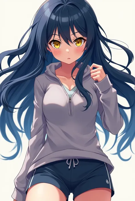 Girl with long navy blue hair, yellow eyes, wears sports clothes, anime style.