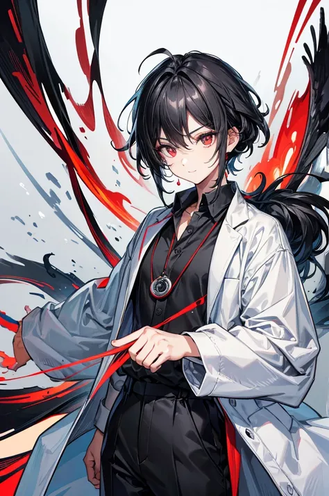 Highest quality, 16K, masterpiece :1.3　Ultra-high resolution　No abnormalities in detail　Detailed face　　Male　neutral　cool　Small stature　Black hair that reaches down to the eyes　Black and red odd eyes　Detailed Eyes　Wearing a doctors lab coat　Black shirt　A re...