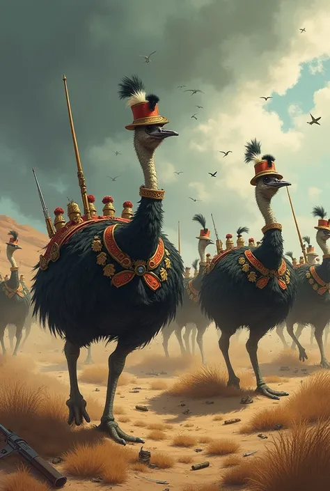 An exaggerated, whimsical depiction of the great emu war, featuring emu
 military uniforms and soldiers in chaotic battle with these birds.

