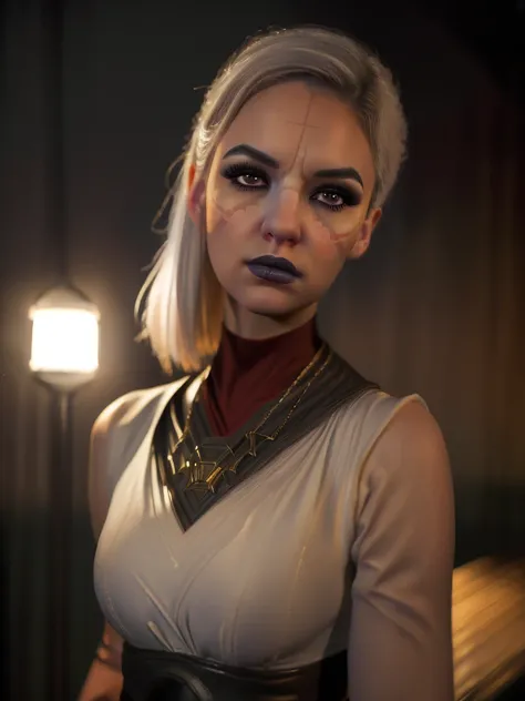 NightsisterMerrin, 1girl, realistic, highly detailed, dynamic lighting, 8k, science fiction, looking at viewer, pale skin, detailed eyes, detailed lips, long eyelashes, cinematic, dramatic, moody, ambient lighting, dark fantasy, chiaroscuro, cinematic comp...