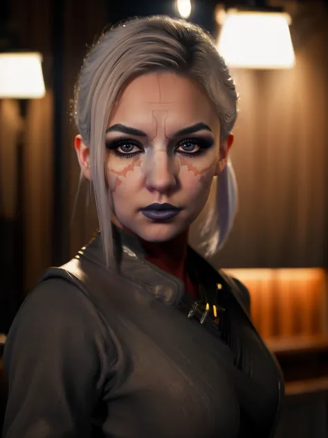 NightsisterMerrin, 1girl, realistic, highly detailed, dynamic lighting, 8k, science fiction, looking at viewer, pale skin, detailed eyes, detailed lips, long eyelashes, cinematic, dramatic, moody, ambient lighting, dark fantasy, chiaroscuro, cinematic comp...