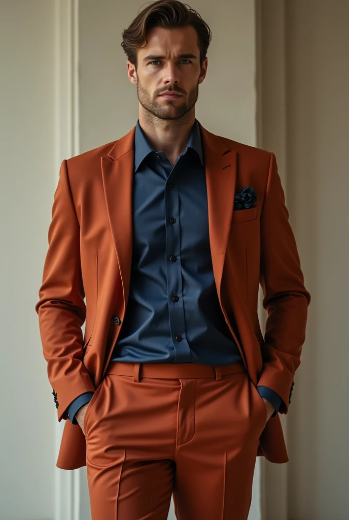 Terracotta suit dark blue shiny shirt Men