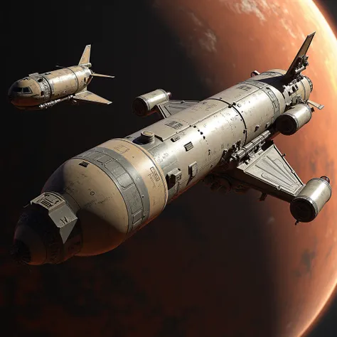 Supply carrier, shuttle ship, space station, science fiction, low technology, Mars, satellite orbit, realistic, precision, masterpiece