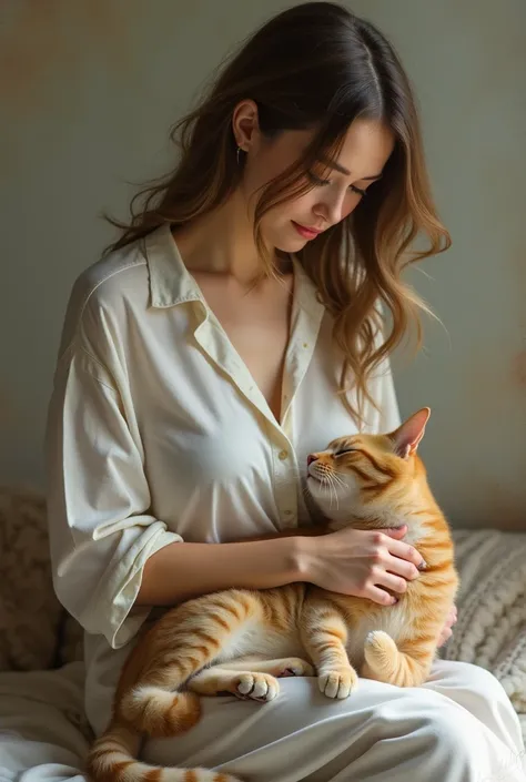 A portrait of a woman sitting and carrying a cat on her body rubbing its back