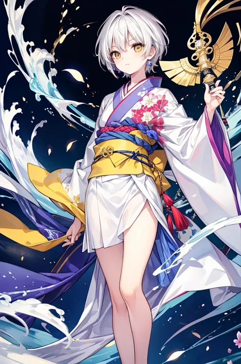 Highest quality, 16K, masterpiece :1.3　Ultra High Resolution　　No abnormalities in detail　Detailed face　　Male　neutral　cool　Small stature　White hair reaching down to the eyes　Yellow Eyes　kimono　Carrying a Japan sword on his waist　Tight eyes　Wearing earrings　...