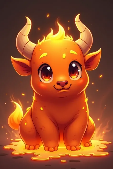 Design a head-only, minimalist, cute chibi-style portrait of Emberus, a fiery bull-like slime character. Emberus should have a deep orange body with cracks showing glowing magma underneath, giving a volcanic effect. The horns should resemble sharp flames, ...